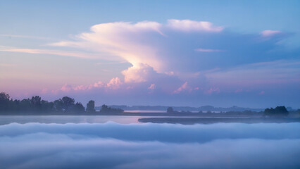 Misty Lake at Sunrise with Soft Pink and Orange Hues