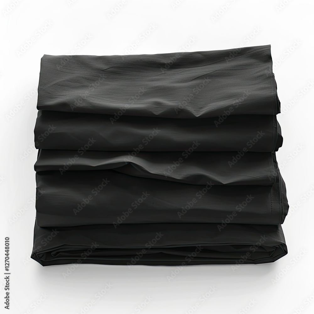Poster a stack of neatly folded black fabric sheets. isolated on white background