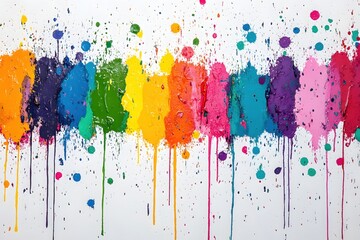 Fototapeta premium Vibrant Rainbow Paint Splatter on White Background Expressive Colorful Abstract Art