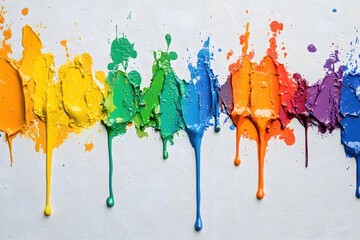 Fototapeta premium Vibrant Rainbow Paint Splashes on Textured White Surface Creating a Bold and Artistic Effect