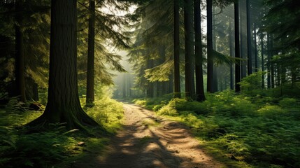 Obraz premium sunlight evergreen trees