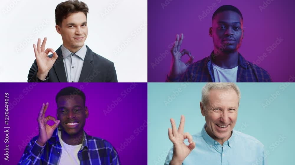 Poster four men from diverse backgrounds are making the okay gesture, showcasing inclusivity. the brightly 
