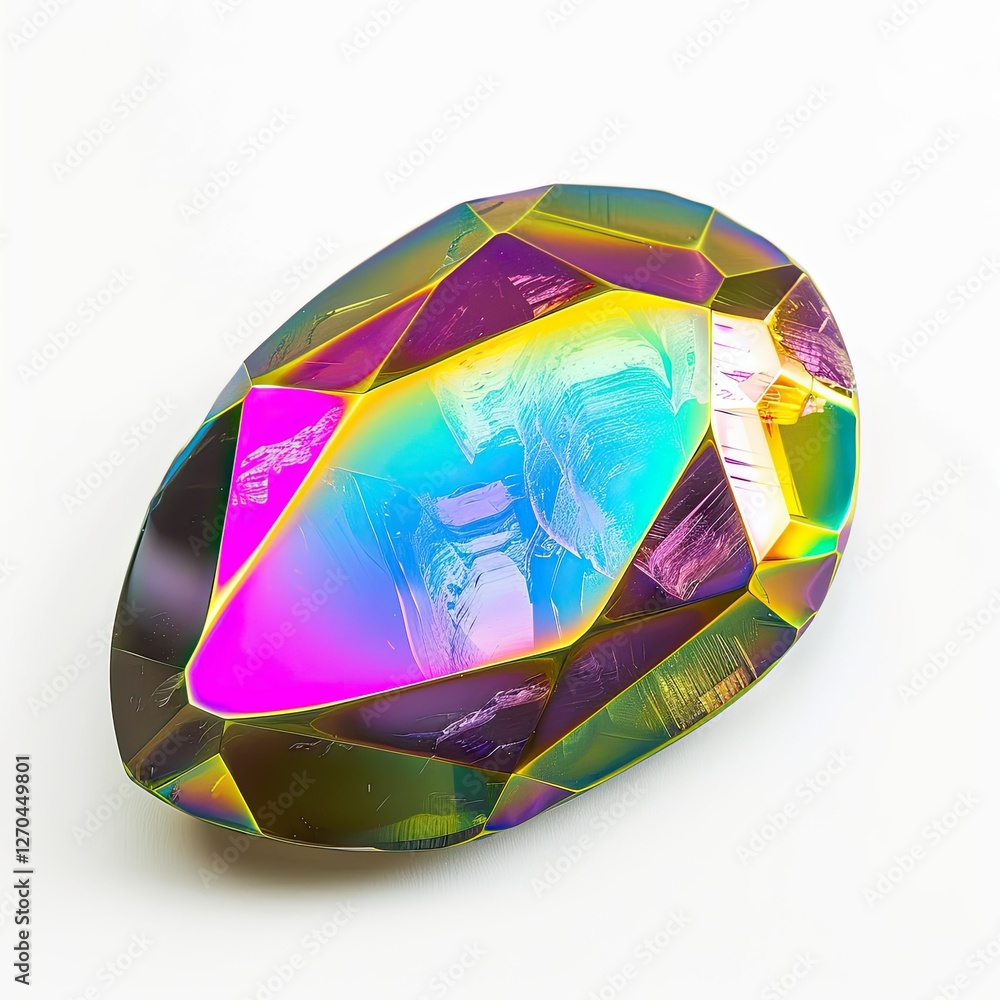 Poster a colorful, faceted gem displaying vibrant hues and reflections. isolated on white background