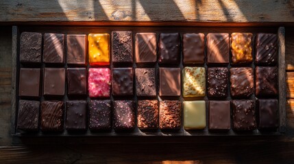 Assorted chocolates in wooden tray, sunlight, rustic background