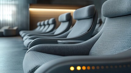 Row of modern gray fabric theater seats. Ideal for film, travel, or luxury concepts.