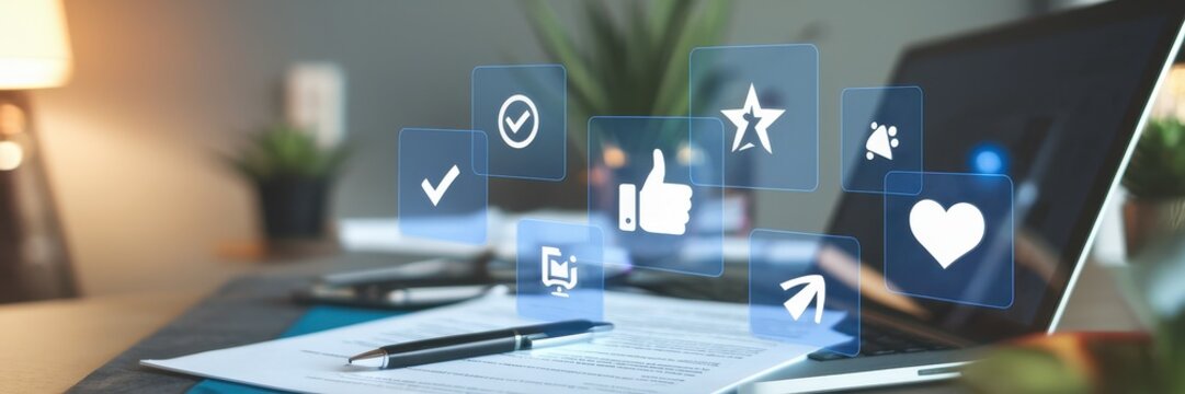 Laptop and social media icons on desk indicate online feedback