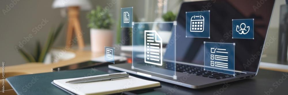 Poster laptop displaying document and productivity icons on a modern desk
