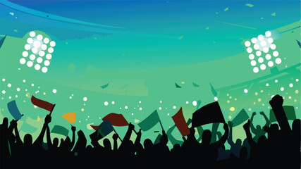 A vibrant, cheering stadium crowd waves colorful banners; capturing the energy and excitement of a major sporting event.