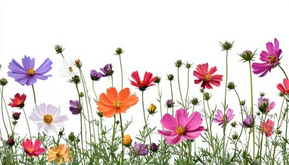 Vibrant and Colorful Cosmos Flowers Blooming in Sunny Garden Displaying Natural Beauty of Nature in Clear Sky Background