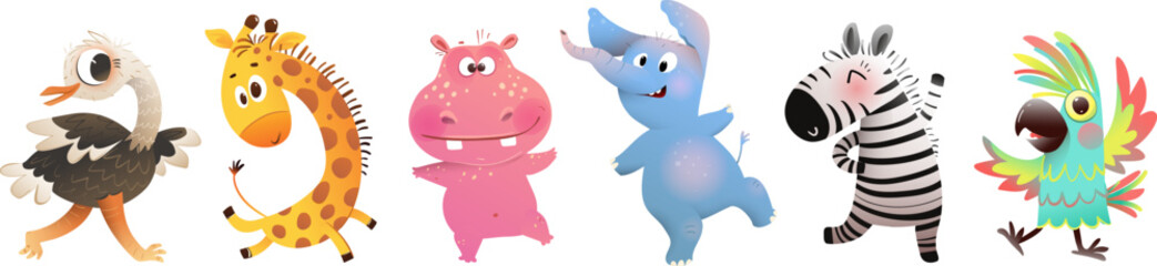 Safari animals collection dancing jumping and celebrating. Party and entertainment wildlife characters design for children. Vector funny animals design for kids party, isolated cartoon collection.