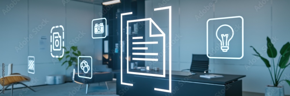 Poster digital icons hover in a modern office environment concept