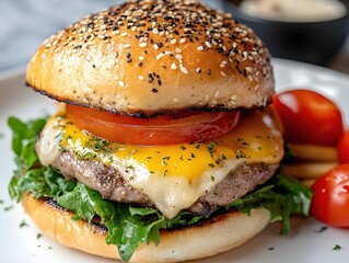 Delicious Burger with Sesame Seed Bun Cheese Tomato and Greens on a White Plate Close Up