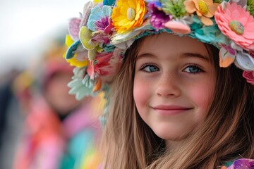 Fototapeta premium Smiling girl wearing colorful flower hat enjoying parade
