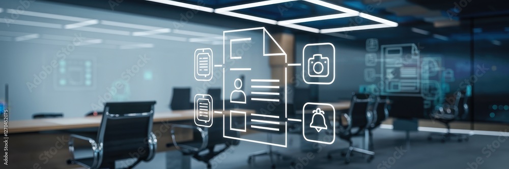 Poster document and data management interface in a modern office space