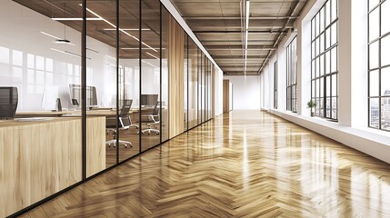 Modern Office Corridor with Glass Walls and Wooden Floor