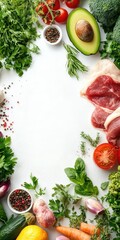 Fresh meat, vegetables, herbs, spices on white