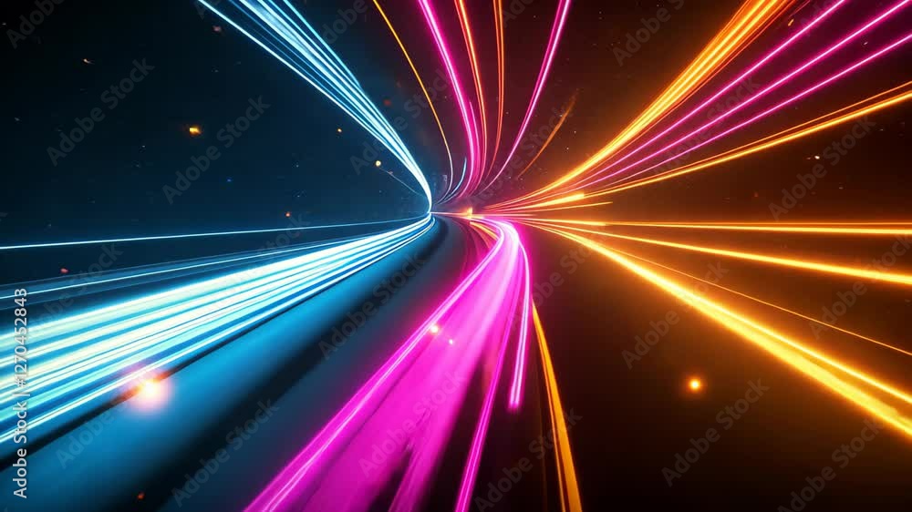 Poster neon light trails explode in dynamic shapes on dark background creating vibrant energy and futuristi