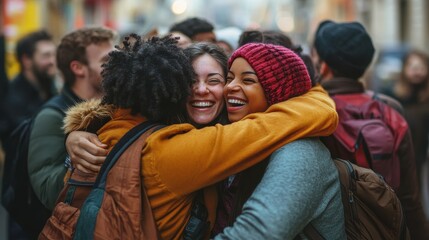 Obraz premium Sustainable Businesses A vibrant tapestry of humanity, where a diverse group, their backs to the camera but faces alight with laughter and connection, captured moments of joy and camaraderie. Their
