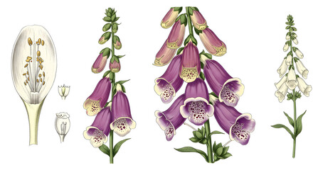 Illustration of a foxglove plant with purple and pink bell-shaped flowers on a tall green stem.