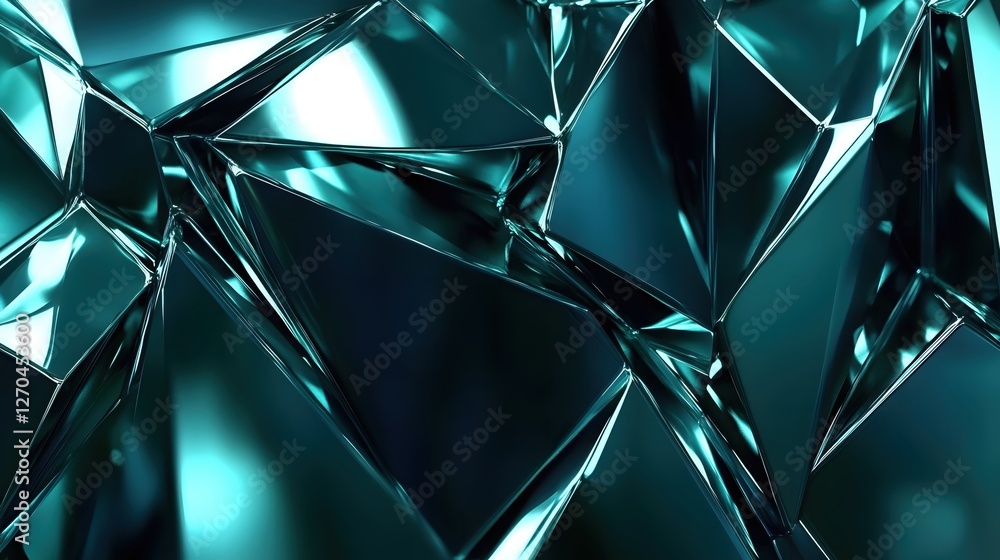 Poster abstract crystalline structure in teal with sharp edges and bright light reflecting surface