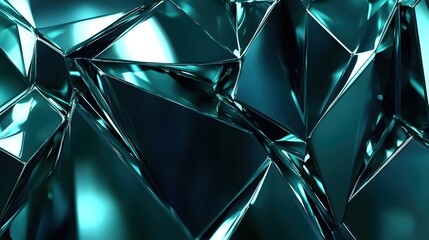 Abstract crystalline structure in teal with sharp edges and bright light reflecting surface