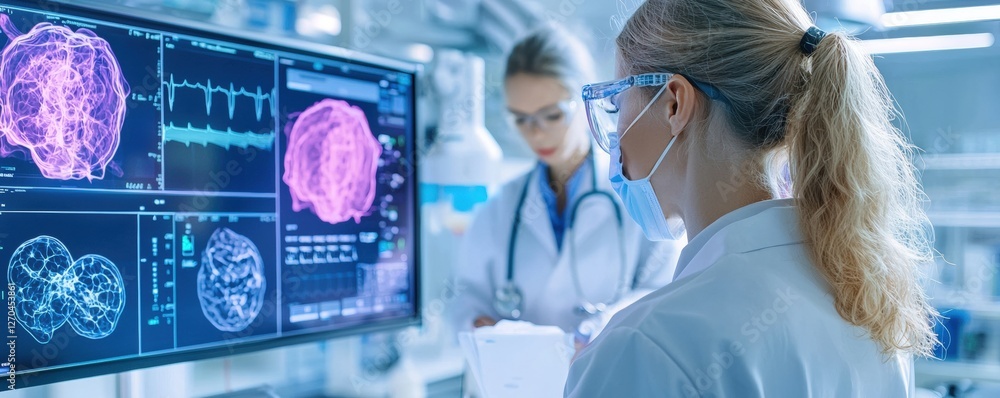 Poster scientists analyze brain scans on a monitor in a high-tech laboratory, showcasing advanced research 