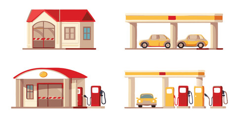 Whimsical Cartoon Gas Station Set: Retro Fuel Pumps, Nozzles, and Roadside Petroleum Service Vector Art