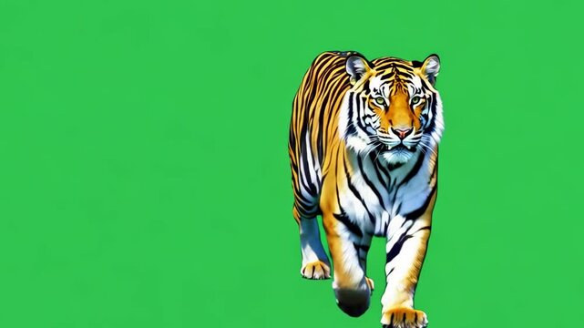 A tiger is walking on a green background. The tiger is the main focus of the image, and it is moving quickly. The green background creates a sense of calm and tranquility