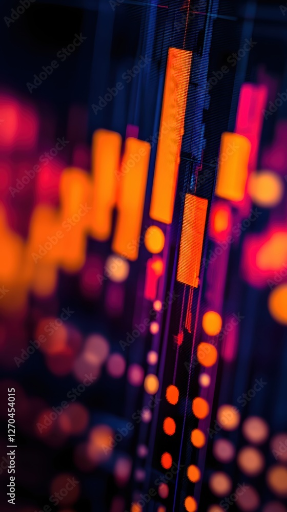 Poster abstract financial data visualization with glowing bars and bokeh effect on dark background