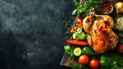 A beautifully arranged roasted chicken with fresh vegetables and herbs on a wooden board.