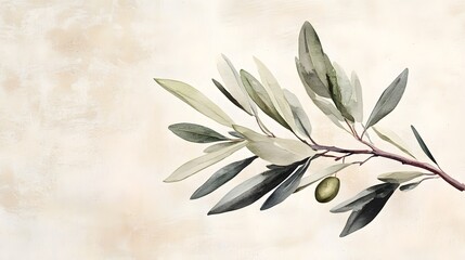 Elegant Olive Branch Watercolor Painting on Rustic Textured Paper, Earthy Botanical Theme