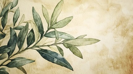 Elegant Olive Branch Watercolor Painting on Rustic Textured Paper with Earthy Botanical Theme