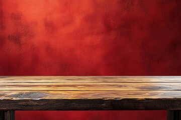 Rustic wooden table against red textured wall