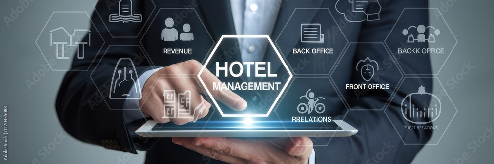 Poster person using a tablet with hotel management interfaces displayed