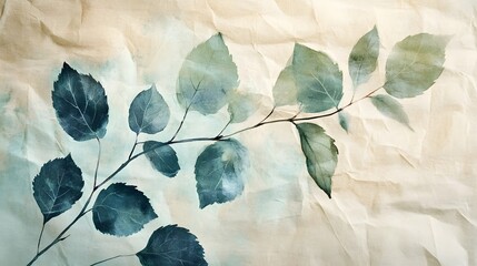 Faded Ink and Watercolor Green Leaves on Handmade Rustic Paper