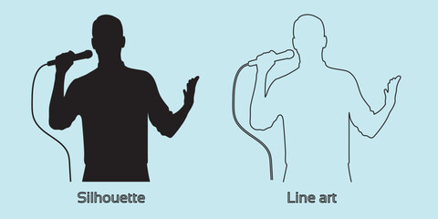 silhouette of man singer with microphone hand drawing line art vector illustration