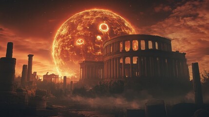 Obraz premium Ancient ruins bathed in the fiery glow of a colossal, alien sunscape