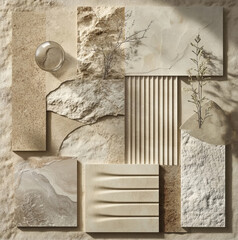 organic collage of beige stucco, wooden ribs, beige or earth color stone, gray pavemet stone, metalic ribs, glass, plant.