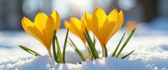 Vibrant Crocuses in Snowy Perfection: Sleek, Blurred Background Highlighting Nature's Beauty. A group of yellow crocuses growing out of the snow.