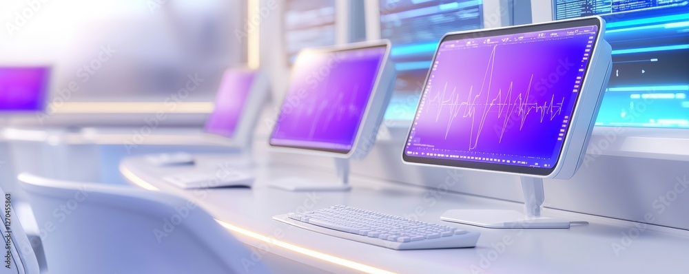 Poster a modern workspace featuring sleek computers with vibrant purple displays, showcasing data and techn