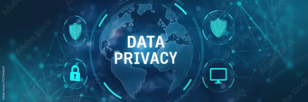 Poster data privacy concept with globe shield and padlock graphics