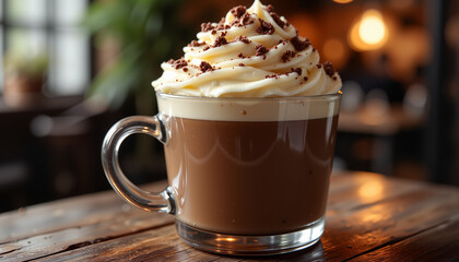 Delicious mocha topped with whipped cream on rustic wooden table, comfort