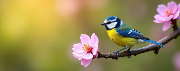 Obraz premium Bright blue tit on flowering tree branch, Suffolk garden, England, outdoor, avian