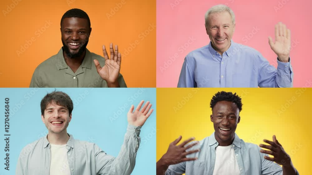 Poster a collection of diverse individuals smiling and waving hello in a vibrant setting. each person expre