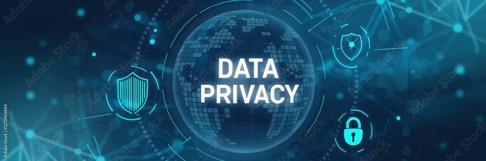 Poster data privacy displayed with world globe and security icons