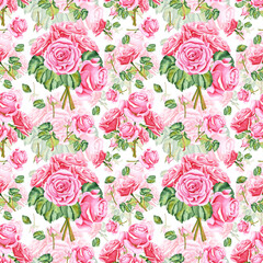 Watercolor roses. Seamless pattern of rose flowers, stems, leaves and buds. The drawing is made in watercolor technique by hand on an isolated background. Illustration for your design