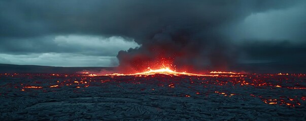 Volcanic landscapes concept. A breathtaking volcanic eruption showcasing flowing lava against a dramatic sky.