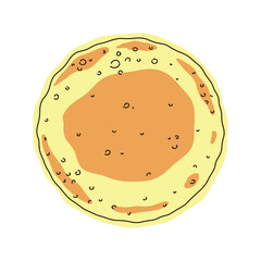 Fresh ruddy pancake, color illustration, flat design, hand-drawn, isolated on white, vector. Sweet delicious dessert for breakfast. An element for design, decoration, Carnival, poster, banner