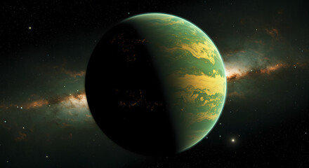 Fototapeta premium Fictional alien planet with green and gold surface, rotating in a dark and mysterious universe.
