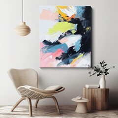 White wall with a single, large abstract canvas art